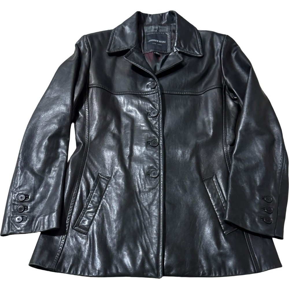 Andrew Marc Black Leather Button Front Blazer Jacket Women's Size‎ Small